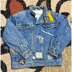 Gasoline Vintage Denim Jacket Medium Wash Graphic Patch Letterman Blue Junior M